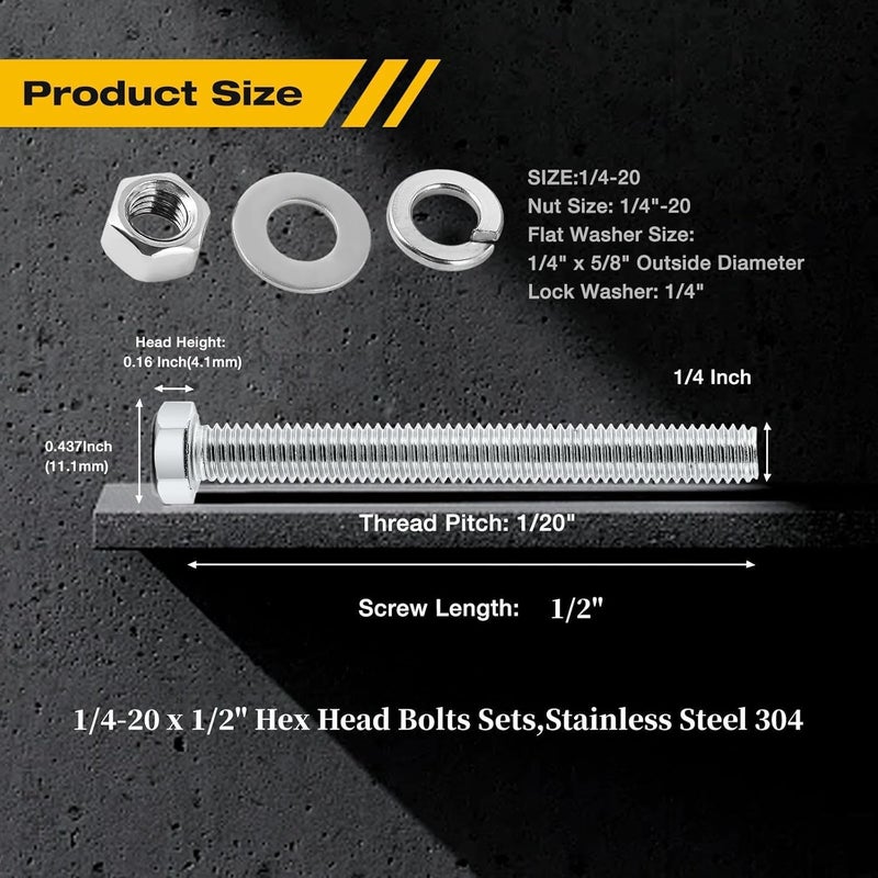 KATUNA (10Set) 1/4-20 x 1/2" Complete Set Hex Head Screw Bolts,Nuts,Fender Flat washers,Split Lock Washers,Fully Threaded, Stainless Steel 18-8（304）, Bright Finish. - Image 3